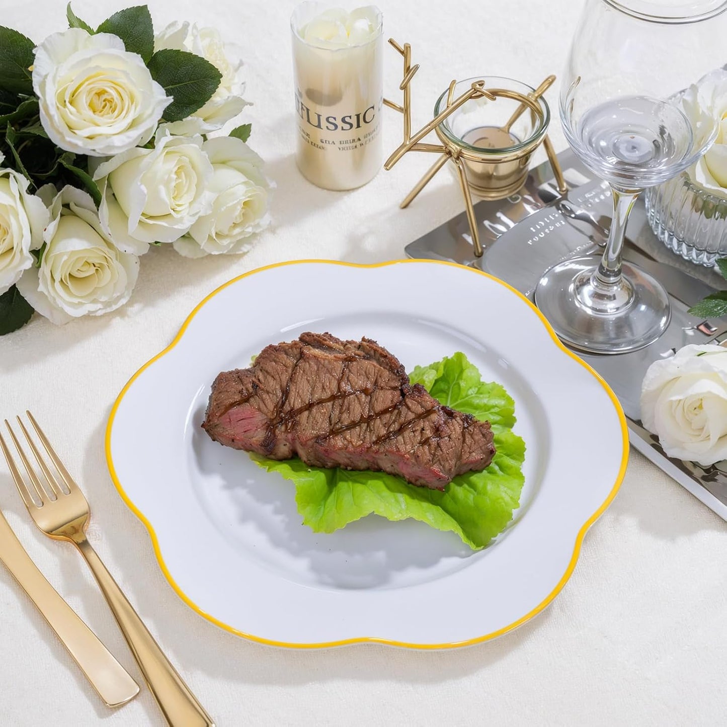 Liacere 100PCS Gold Plastic Plates - White and Gold Dinner Plates - with Gold rim10inch Heavy Duty Disposable Plates, Perfect for Wedding & Party & Holiday & Afternoon Tea &Fall Decor& Thanksgiving