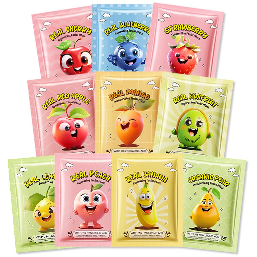 Kaely 10 Pack Fruit Face Masks for Kids, Kids Face Mask Spa Day Kit Supplies, Spa Party Favors for Teens Girls Women, Sheet Facial Mask Skincare Gifts Set, Moisturize Soothe for All Skin Types, 02