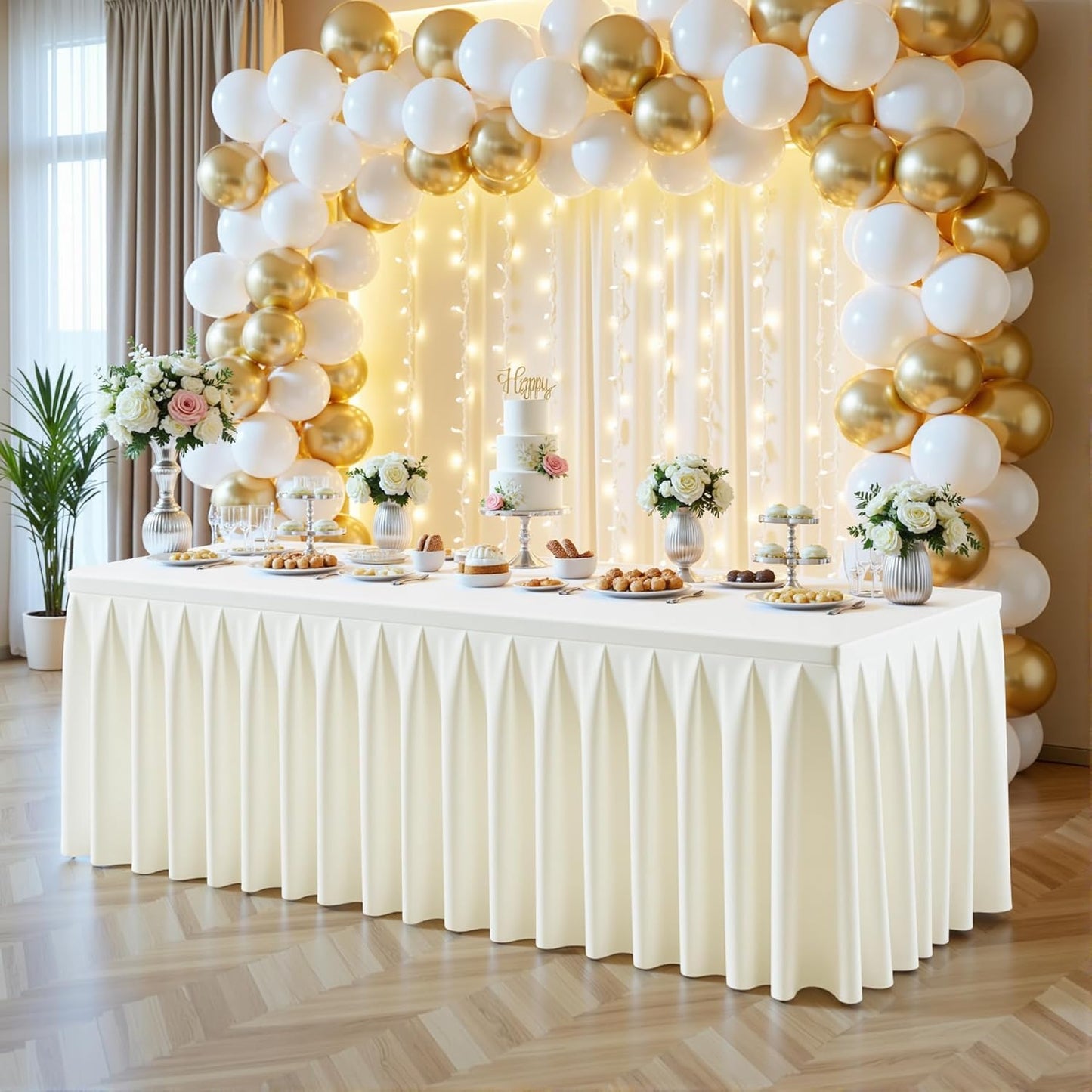 4 Pack Ivory Rectangle Tablecloth 8 FT Stretch Spandex Fitted Table Cloth for 8 Foot Rectangle Tables Banquet Tablecloths Wrinkle Free Table Cover Skirt Ruffle Tablecloth for Party Wedding Birthday