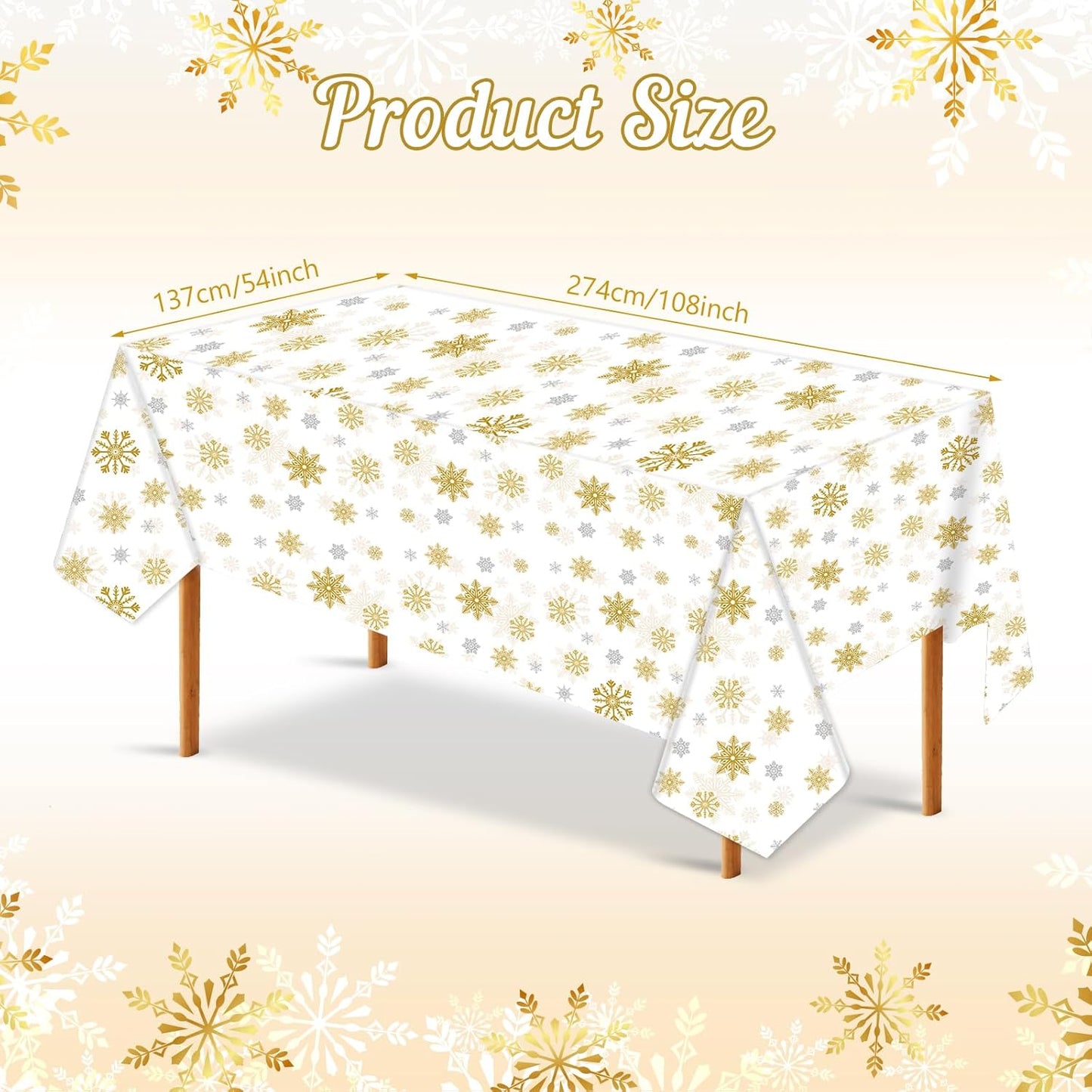 3 Pack Christmas Snowflake Plastic Tablecloth, 54 x 108Inch White and Gold Snowflake Table Cloth Disposable Waterproof Winter Snowflakes Table Cover for Winter Holiday New Year Party Supplies Decor