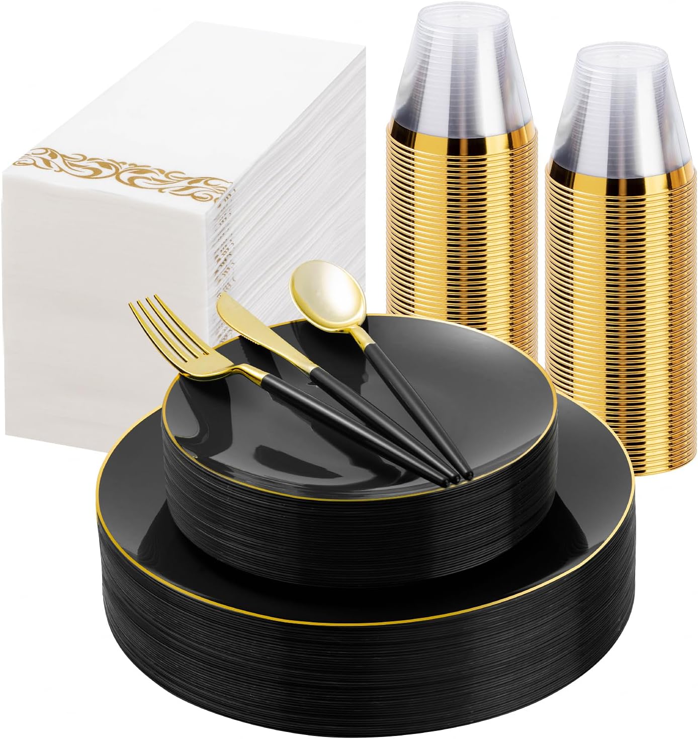 175 Pieces Black Gold Plastic Dinnerware Set, Gold Disposable Plates for Party, Include 50 Black Plates with 75 Plastic Cutlery, 25 Napkins and 25 Cups