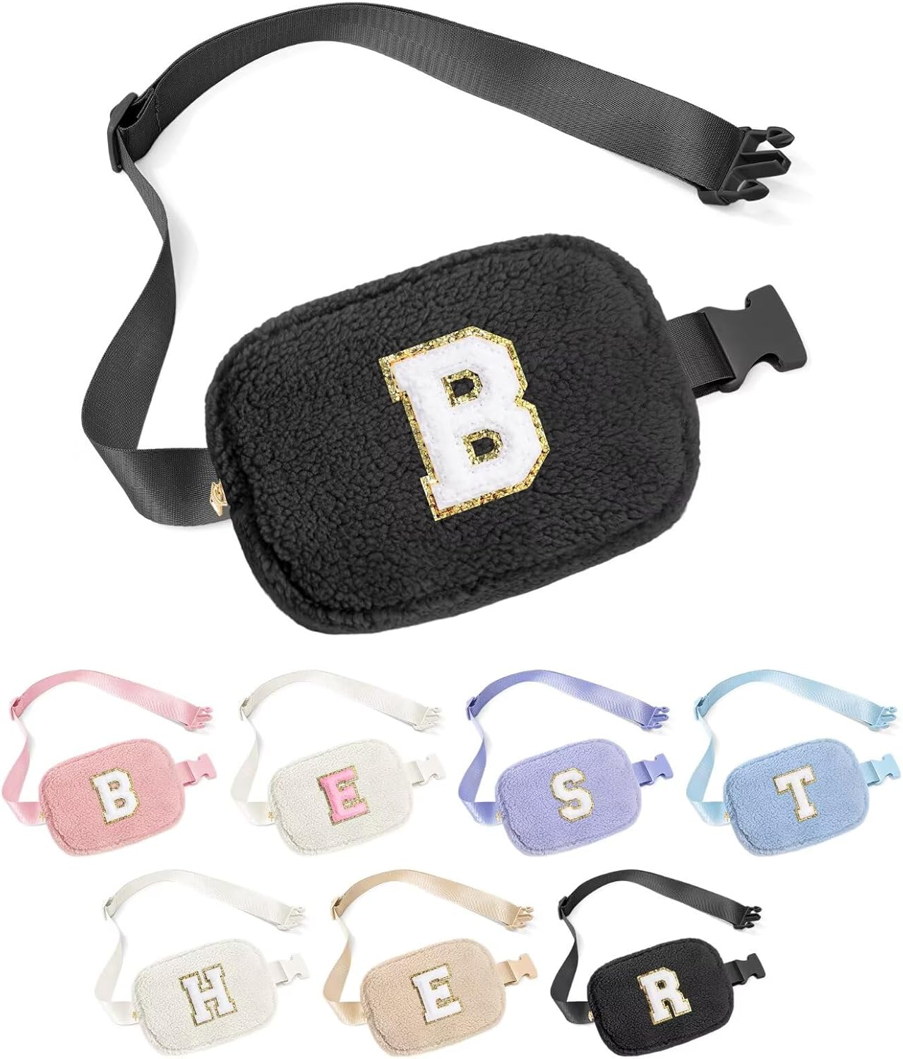 YOOLIFE Bridesmaid Gifts - Bridesmaid Proposal Gift Wedding Day, Bridal Shower Gifts, Maid of Honor Gifts, Fleece Belt Bag Initial Crossbody Bag Black B