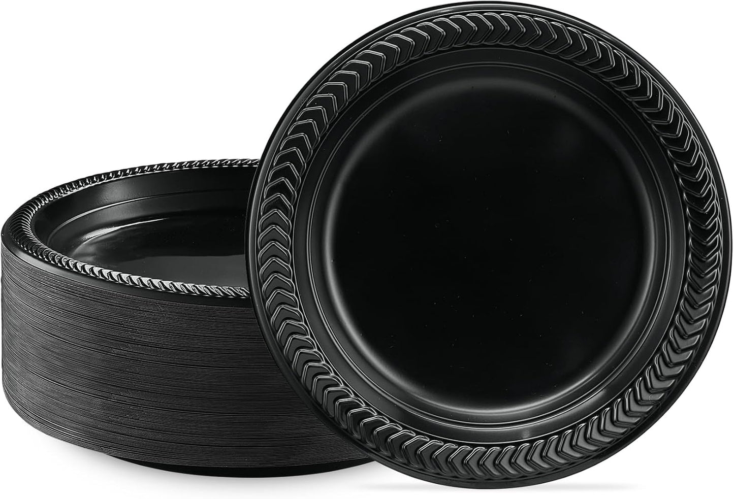 PLASTICPRO 200 PCS Black Plastic Plates Light Weight 7 Inch Plastic Dinner Dessert Appetizer Plates Black Plates Disposable for Party and Wedding