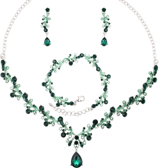 3Pcs Austrian Crystal Jewelry Set for Women, Necklace Dangle Earrings Link Bracelet Jewelry Set with Gold/Platinum/Gun Plated, Wedding Party Jewelry for Bridal Bridesmaid