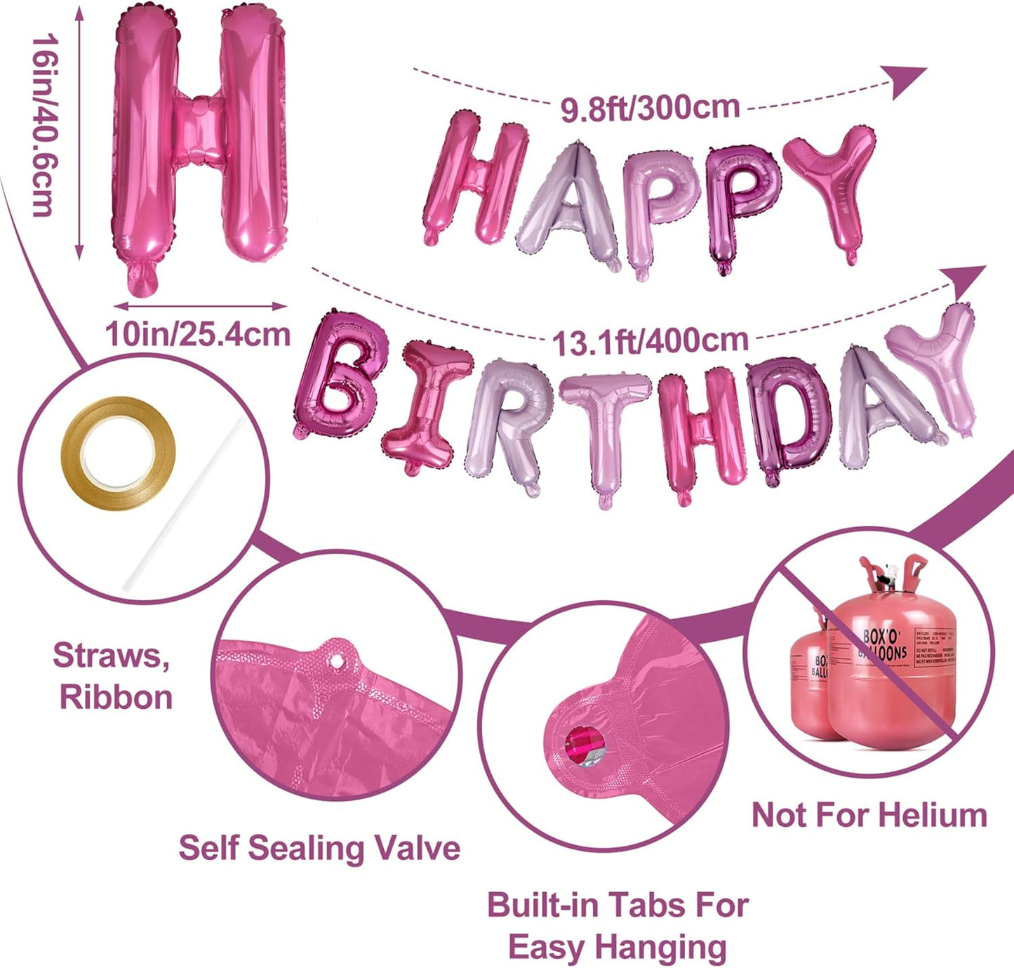 LIOZEOKUN Happy Birthday Balloon Letters 16 inch Mylar Foil Birthday Balloons Banner Sign for Birthday Party Decorations Supplies (Purple pink)