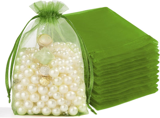 Crweety 50 Pcs 4x6 Inch Green Organza Bags, Small Mesh Bags Drawstring for Gifts, Elegant Jewelry Pouches for Wedding Favor, Spring Party Favor & Christmas St. Patrick's Day Decor