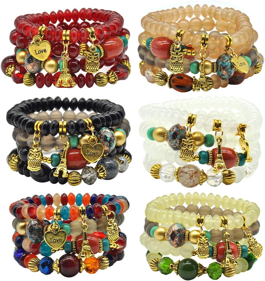 Bohemian Bracelet Sets for Women - 6 Sets Stackable Stretch Bracelets Multi-color Boho Jewelry for Women Hippie Bracelets Dainty Jewelry