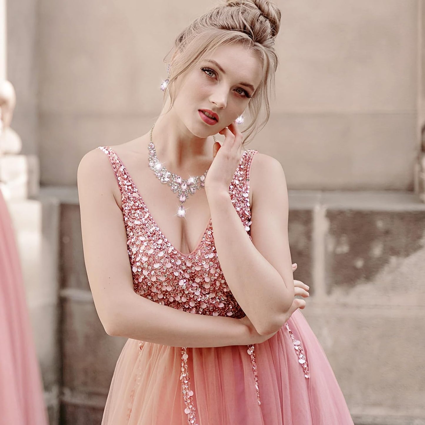 Hicarer Bridal Teardrop Cluster Crystal Jewelry Set for Women Necklace Earrings Wedding