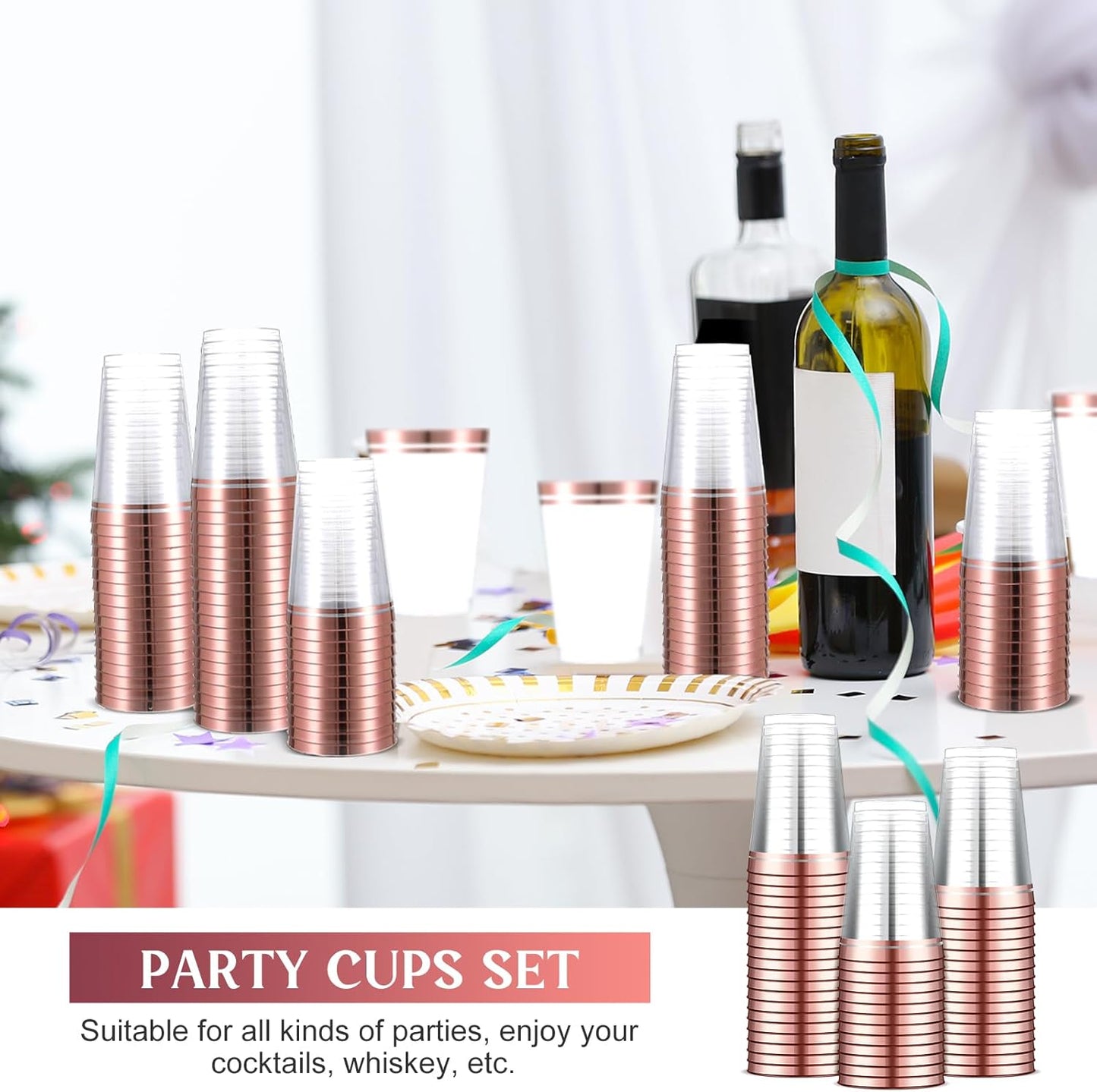 Sliner 50 Pcs Hard Plastic Cups Double Rimmed Plastic Cups Heavy Duty Fancy Disposable Wine Glasses for Holiday Wedding Graduation Birthdays Christmas Valentine Parties(14 Oz,Rose Gold)