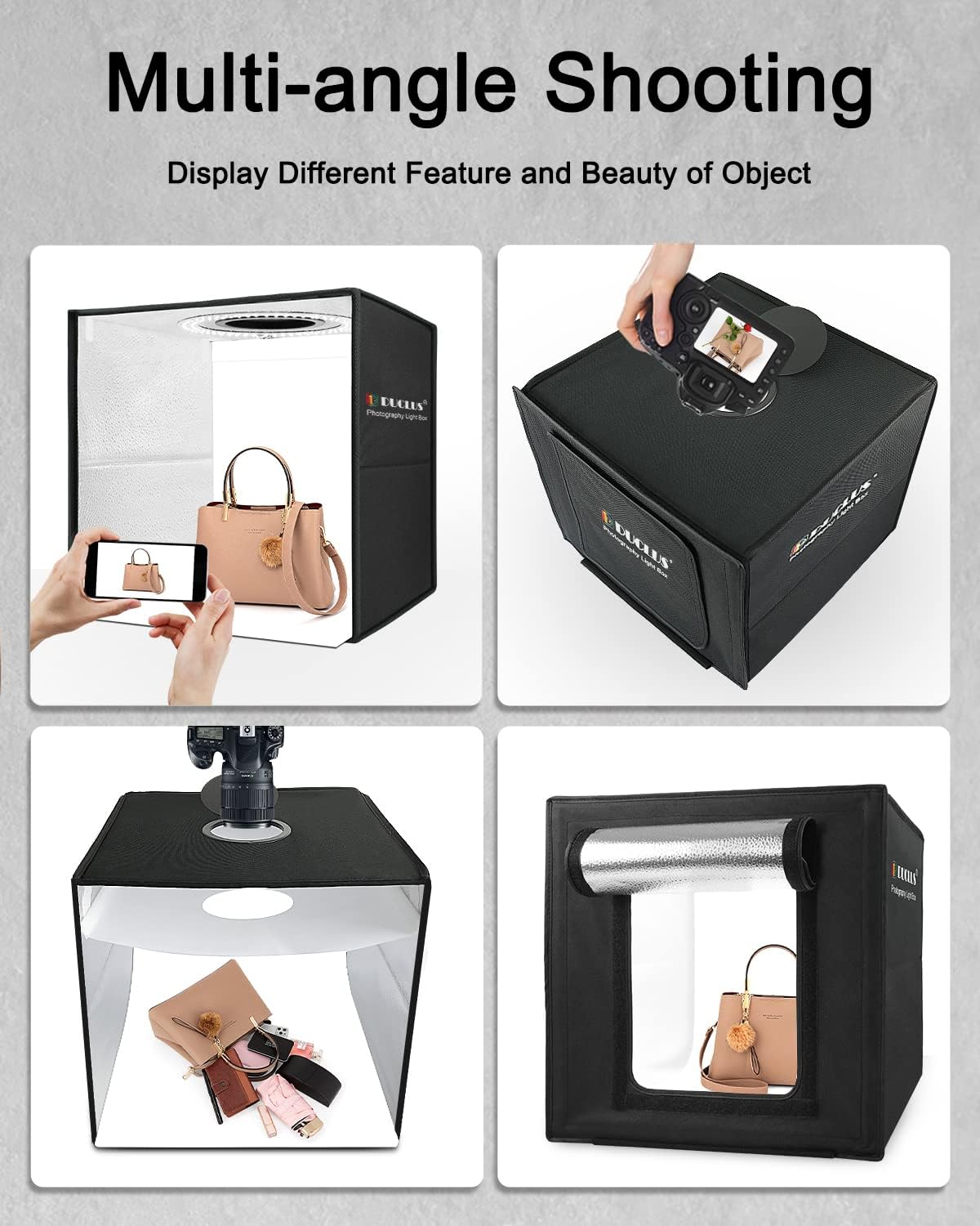 DUCLUS Light Box Photography, 16x16 inch Portable Photo Studio Box with 160 LED Dimmable Lights, 6 PVC & 2 Paper Backdrops for Product Photography.