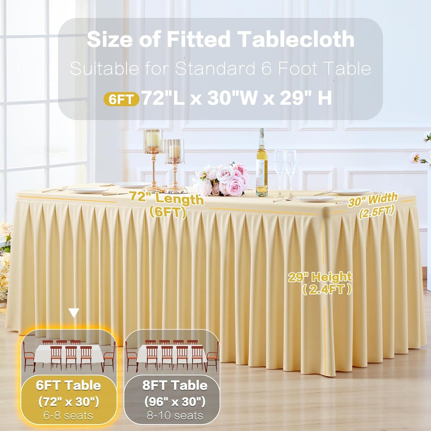 2 Pack Beige Rectangle Tablecloth 6 FT Stretch Spandex Fitted Table Cloth for 6 Foot Rectangle Tables Banquet Tablecloths Wrinkle Free Table Cover Skirt Ruffle Tablecloths for Party Wedding Birthday