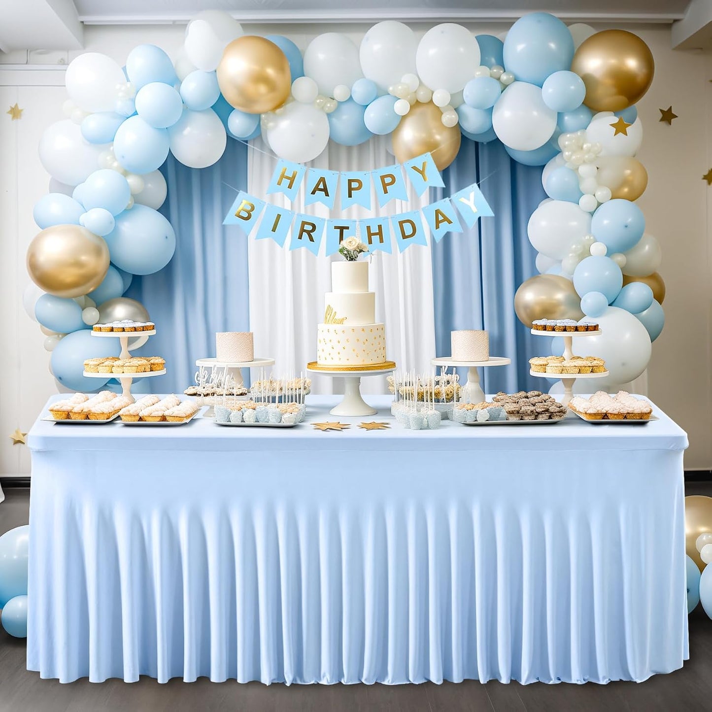 6 Packs Baby Blue Table Clothes for 6 Foot Rectangle Tables, One-Piece Wrinkle Resistant Stretch Spandex Table Covers with Skirt for Event Banquet Wedding Birthday Party