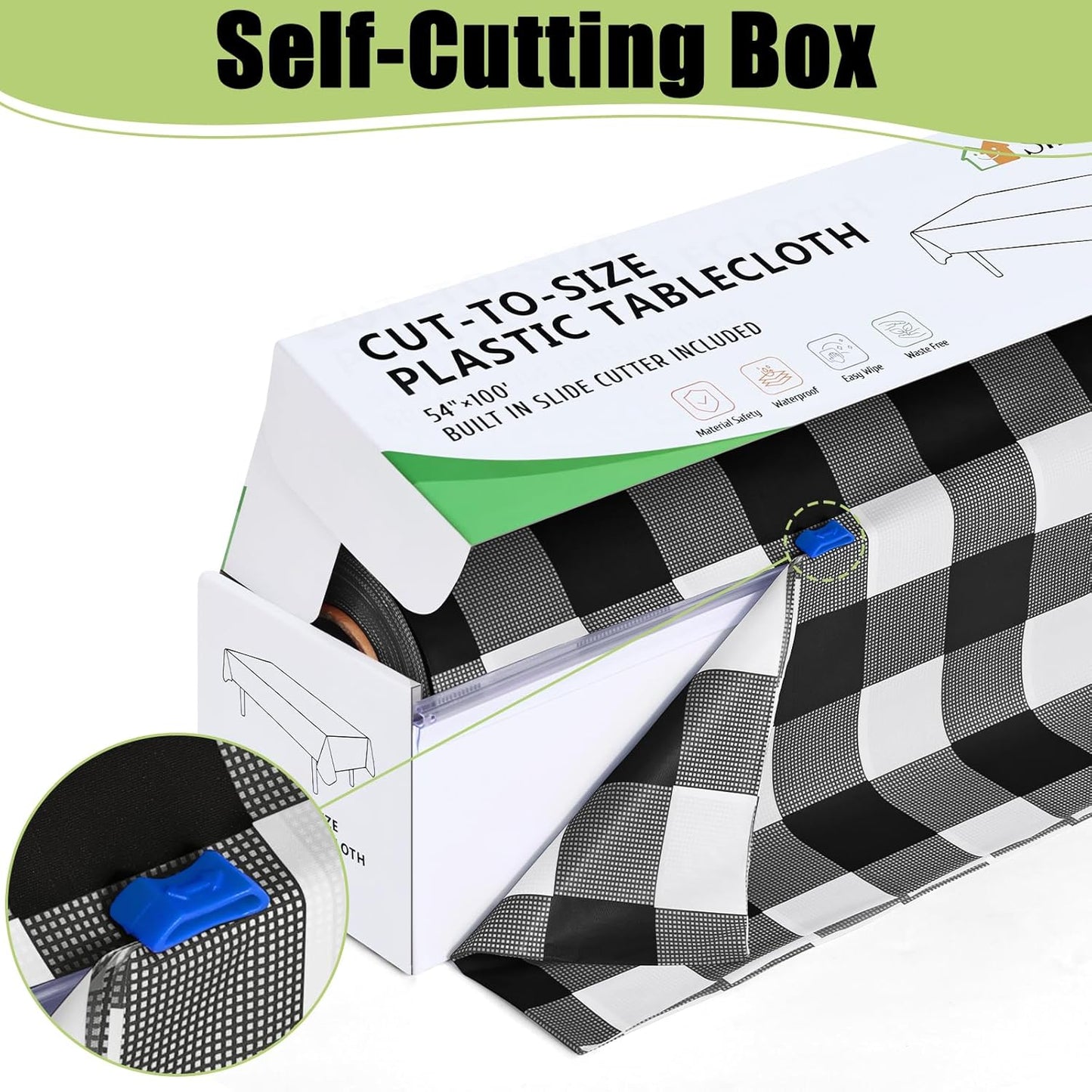 Smiry 54 Inch x 100 Feet Disposable Table Cover Roll, Black & White Plastic Table Cloth in Cut-to-Size Box with Slide Cutter, Waterproof Rectangle Tablecloths for Weddings, Banquets, Outdoor