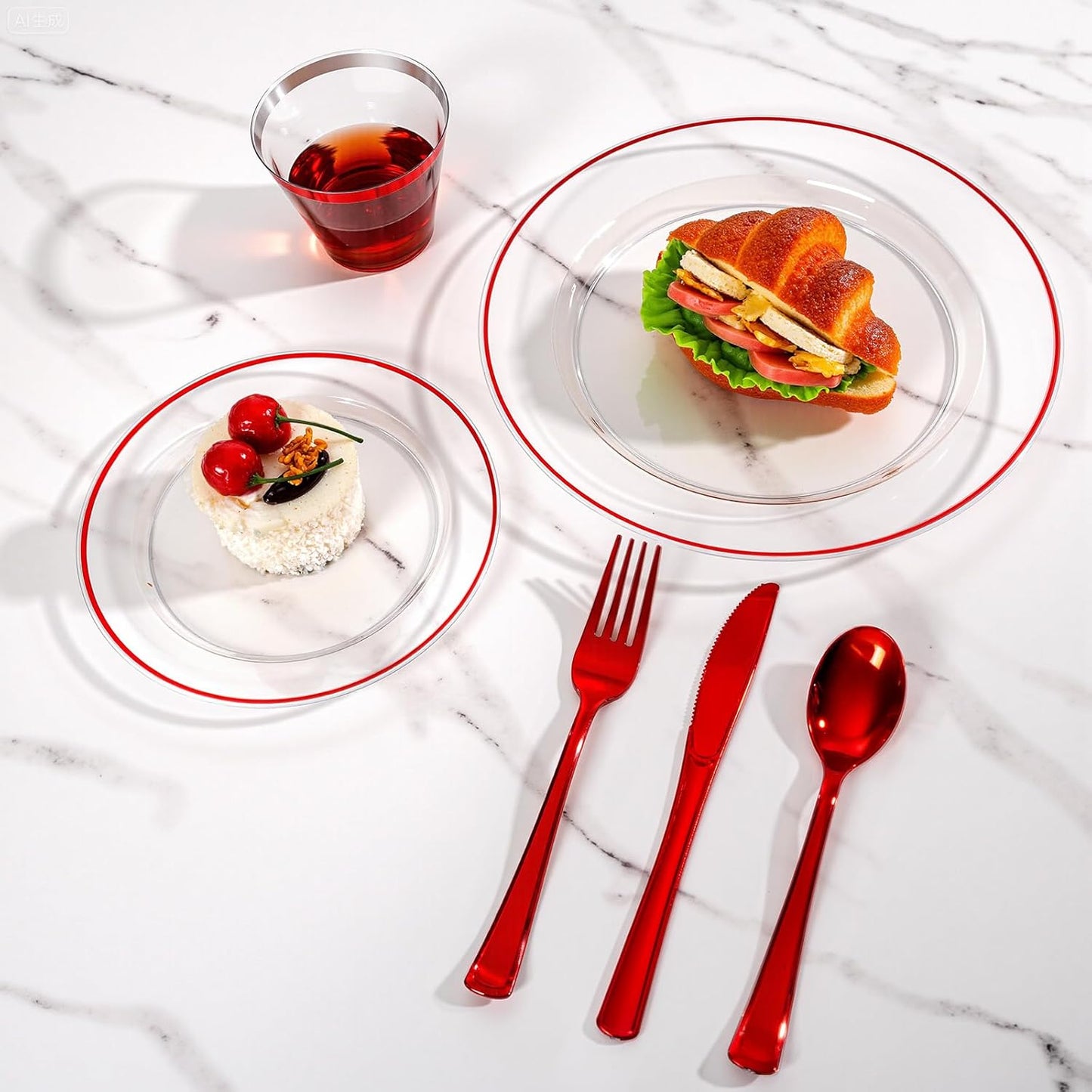 SUT 175 Pcs Red and Clear Plastic Dinnerware Set for 25 Guests, Include: 25 Dinner Plates, 25 Dessert Plates, 25 Pre Rolled Napkins With Silverware, 25 Cups, Disposable Plates for Party, Christmas