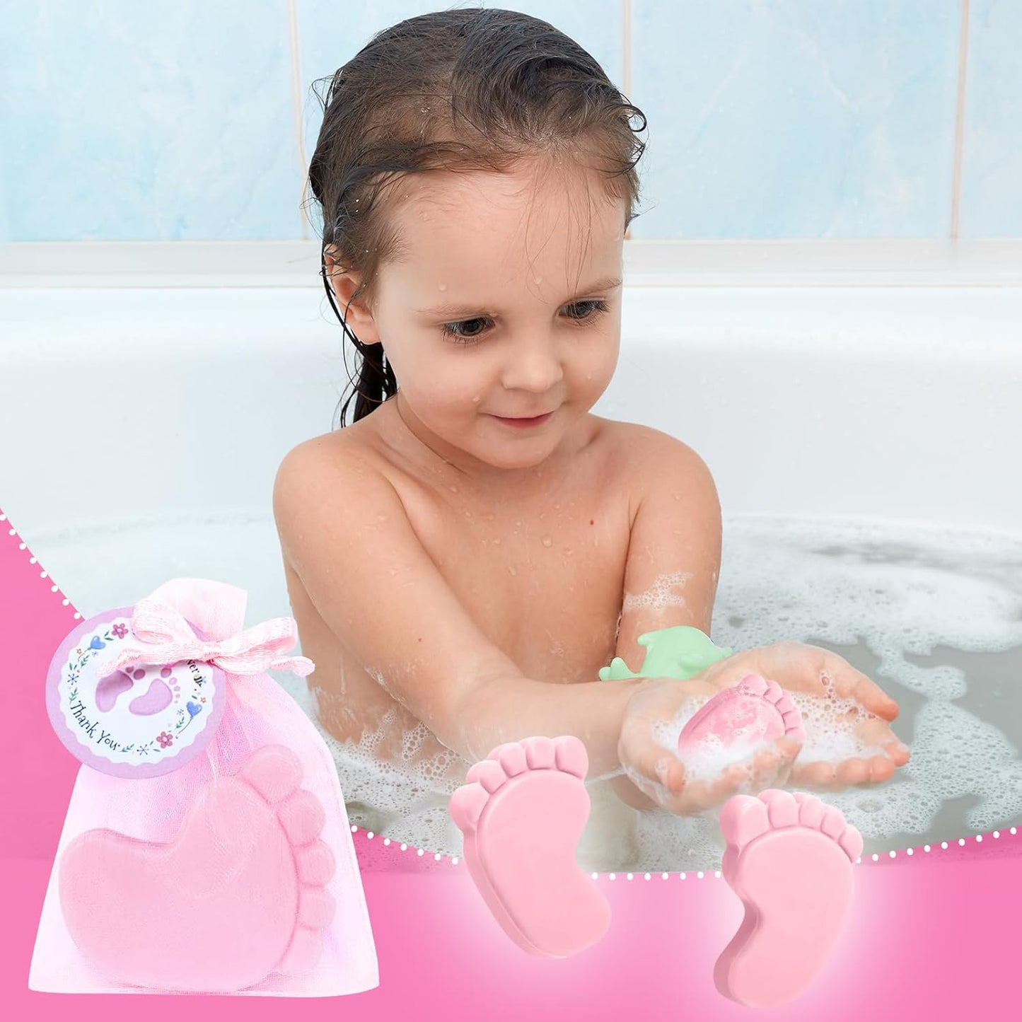 30 Sets Baby Shower Favors Refreshing Feet Soap Perfect for Guests Gifts with Organza Bags Thanks Cards Birthday Party Decoration Game Prizes（pink）