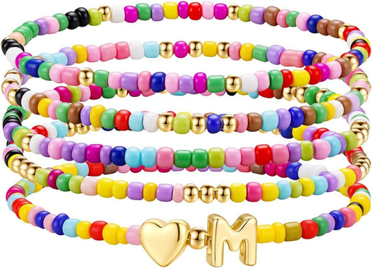 M MOOHAM Stocking Stuffers for Kids Girls Teen - 5PCS Colorful Beaded Initial Bracelets for Women Girls, Cute Stretch Heart Letter Bohemian Stackable Bracelet Birthday Gifts Jewelry for Kids Teen Girl