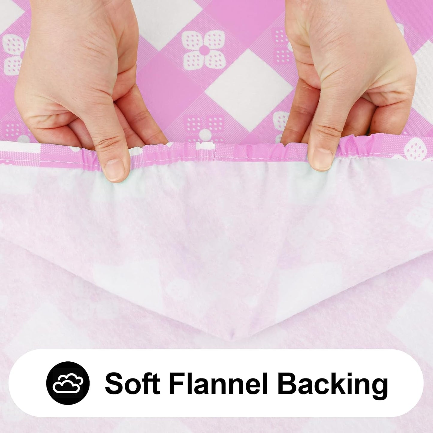 Rectangle Vinyl Table Cloth, Waterproof Elastic Fitted Tablecloth with Flannel Backing, Plastic Table Cover for Picnic, Camping, Outdoor (White & Pink, 30"x60")