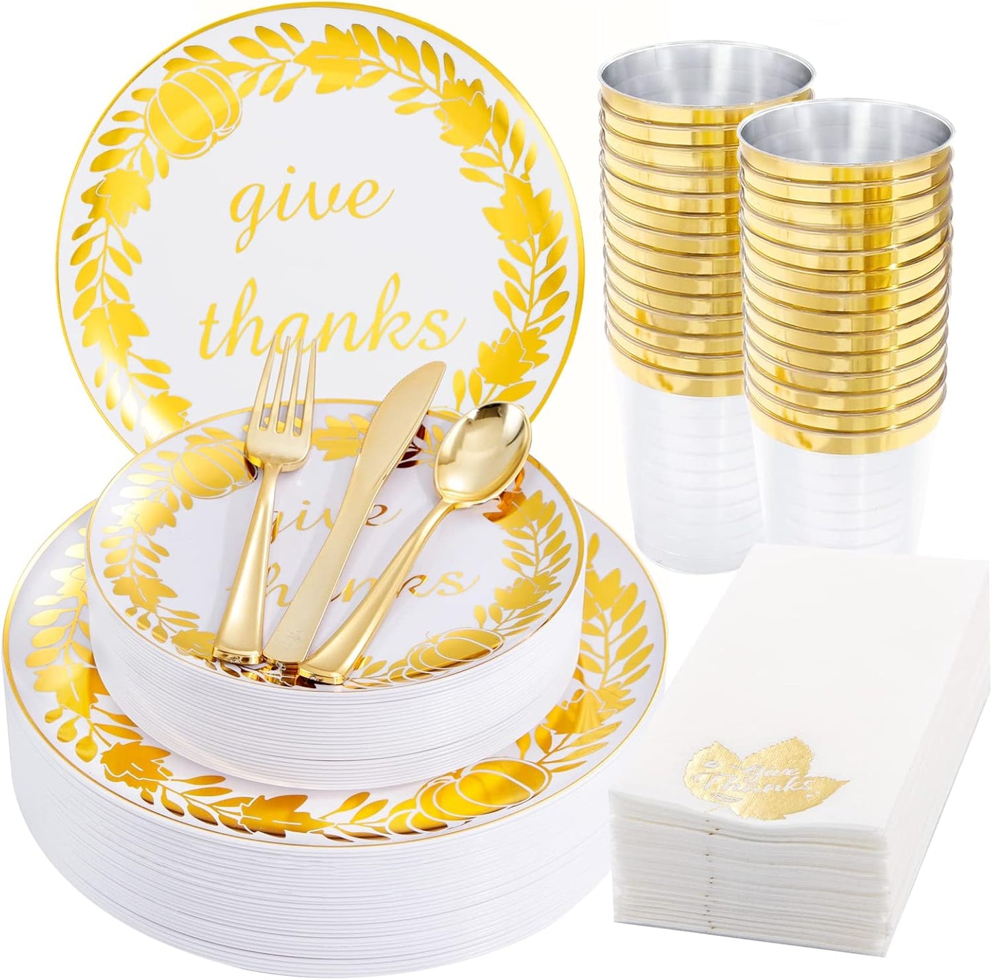 YOUBET 175PCS Thanksgiving Plastic Plates - Thanksgiving Gold Disposable Plates - Fall Plastic Plate Include 50 Plate, 25forks, 25Knives, 25Spoons, 25 Napkins, 25Cups for Fall Party
