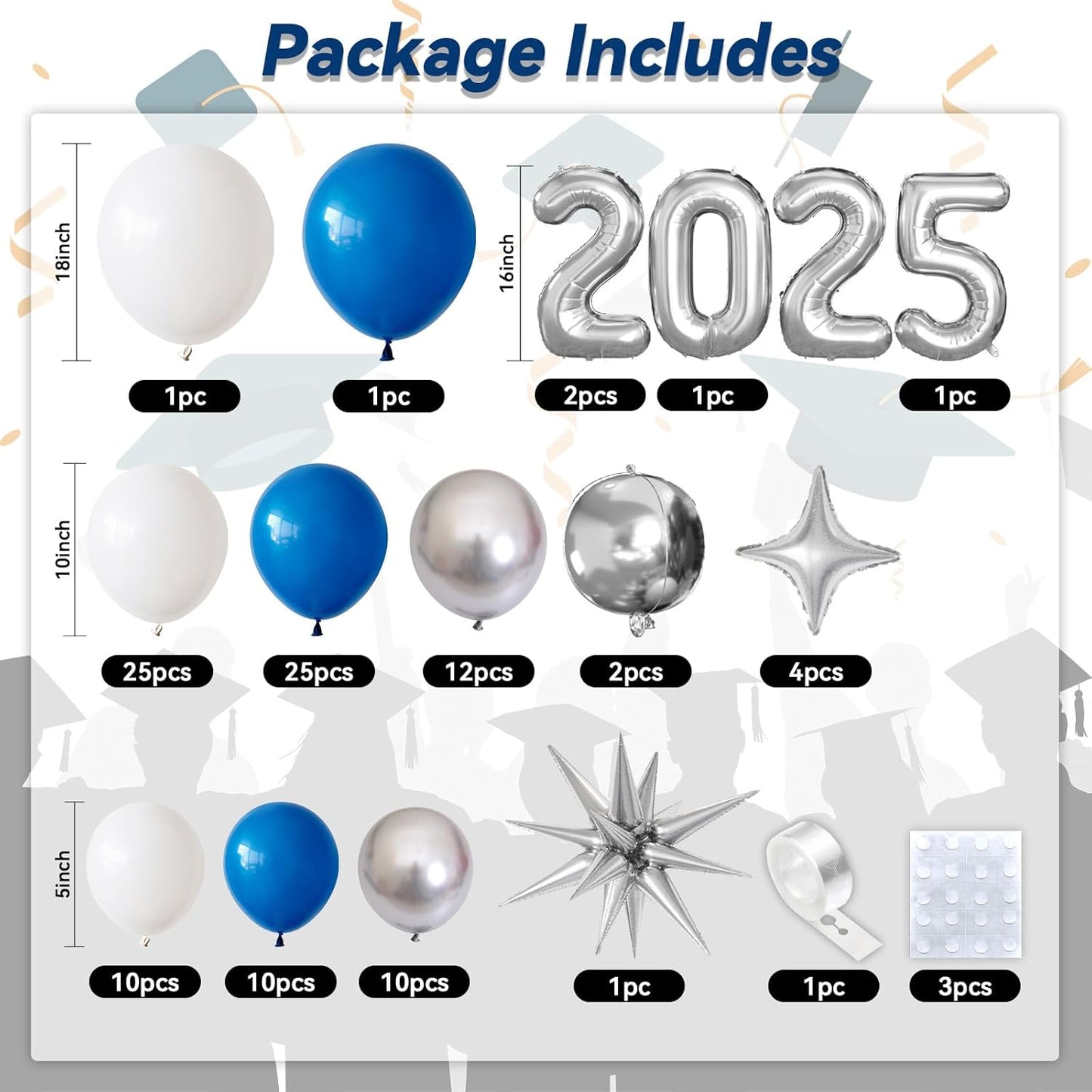 Blue Silver White Balloons Arch Kit with Explosion Star 4D Silver Foil Balloon Royal Blue White Metallic Balloons Garland for Blue 2025 Graduation Decoration Birthday Baby Shower Party