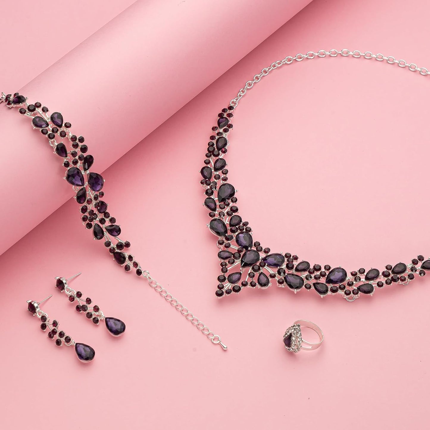 Crystal Bridal Wedding Jewelry Sets for Women Rhinestone Teardrop Crystal Statement Choker Necklace Drop Earrings Link Bracelets Rings Teardrop Jewelry Set for Brides Bridesmaids