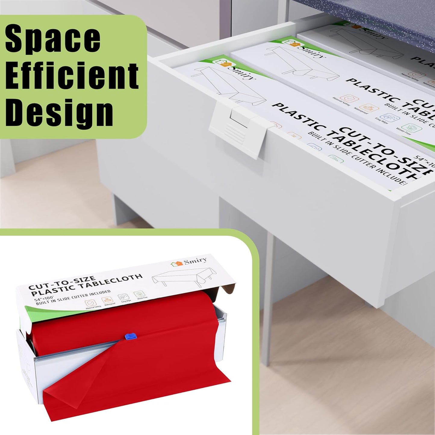 Smiry 54 Inch x 100 Feet Disposable Table Cover Roll, Red Plastic Table Cloth in Cut-to-Size Box with Slide Cutter, Waterproof Rectangle Tablecloths for Weddings, Banquets, Outdoor