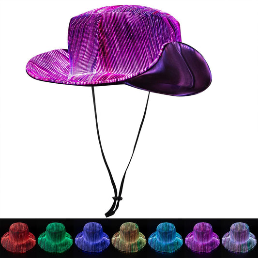LED Bucket Hat, 7 Colors Rave LED Hats for Men Women Rechargeable Light up LED Cowboy Hat Wide Brim Neon Outfit for Party (Black)