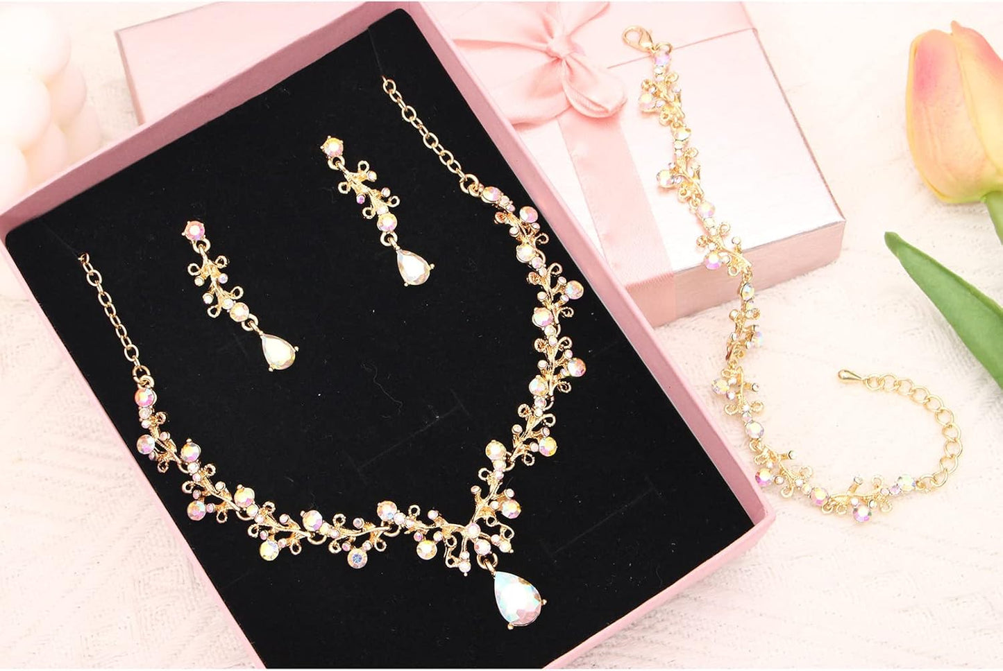 3Pcs Austrian Crystal Jewelry Set for Women, Necklace Dangle Earrings Link Bracelet Jewelry Set with Gold/Platinum/Gun Plated, Wedding Party Jewelry for Bridal Bridesmaid