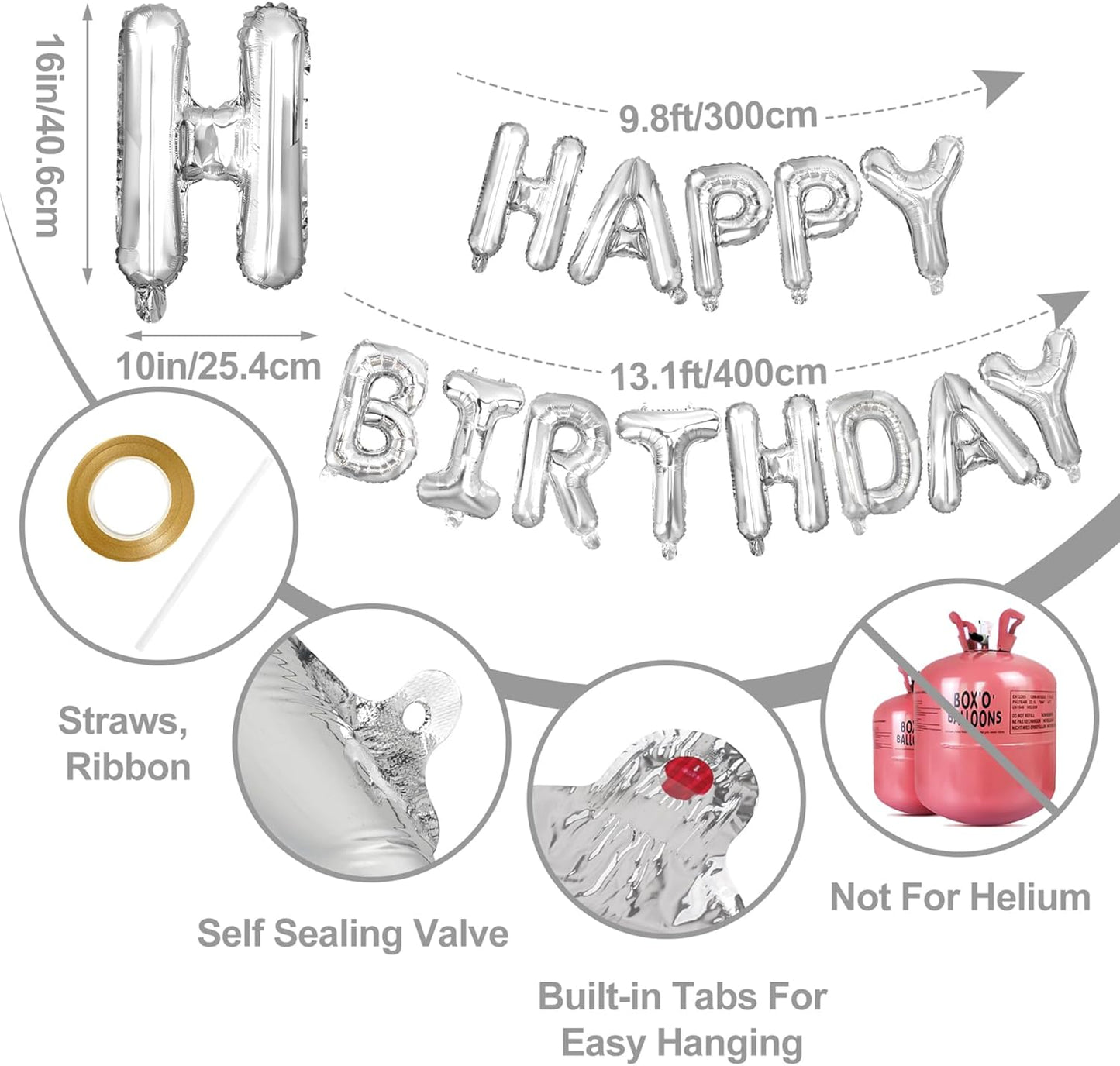 LIOZEOKUN Happy Birthday Balloon Letters 16 inch Mylar Foil Birthday Balloons Banner Sign for Birthday Party Decorations Supplies (Silver)