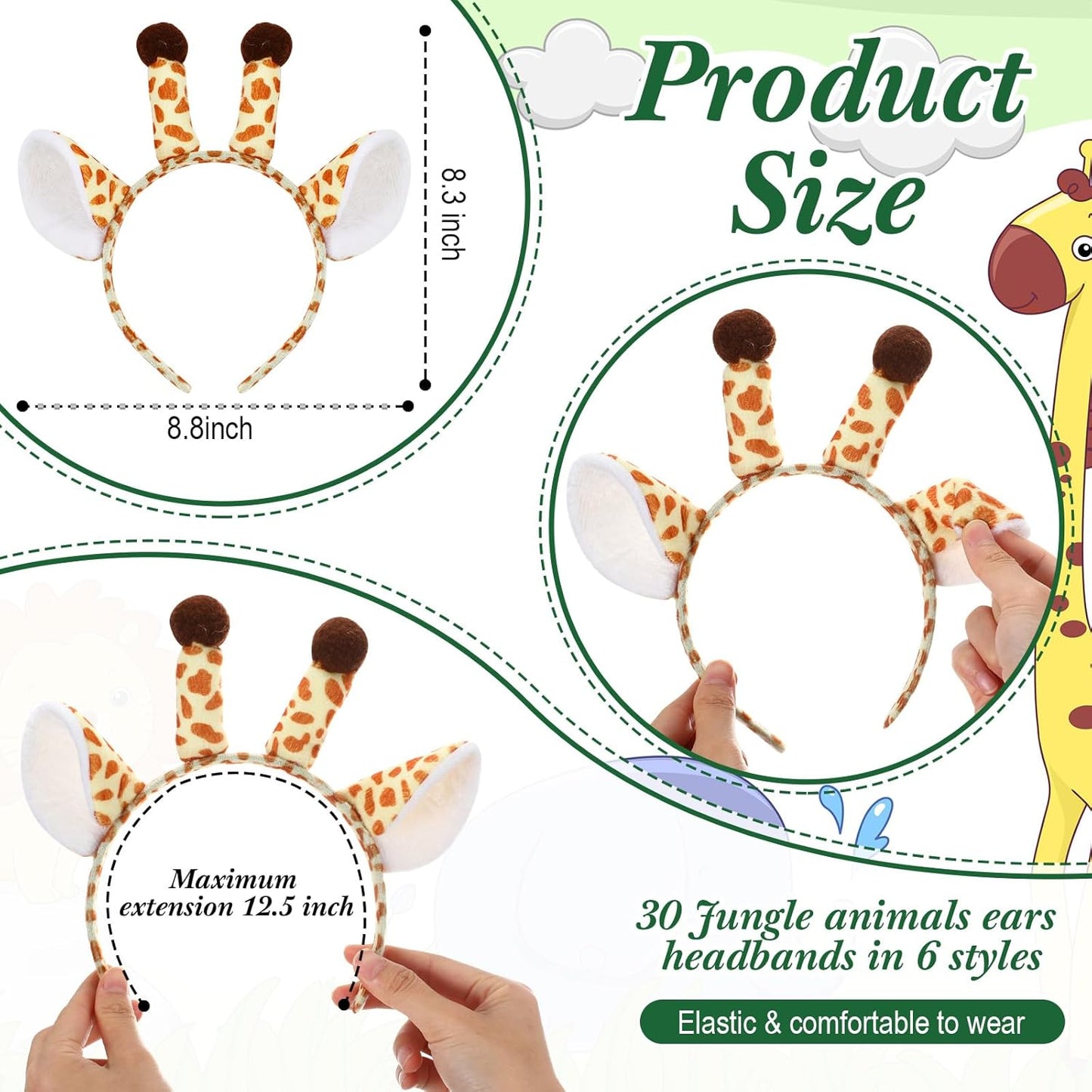 Kigeli 30 Pcs Jungle Animal Safari Ears Headbands for Hair Hoops Photo Booth Props One Birthday Halloween Favors