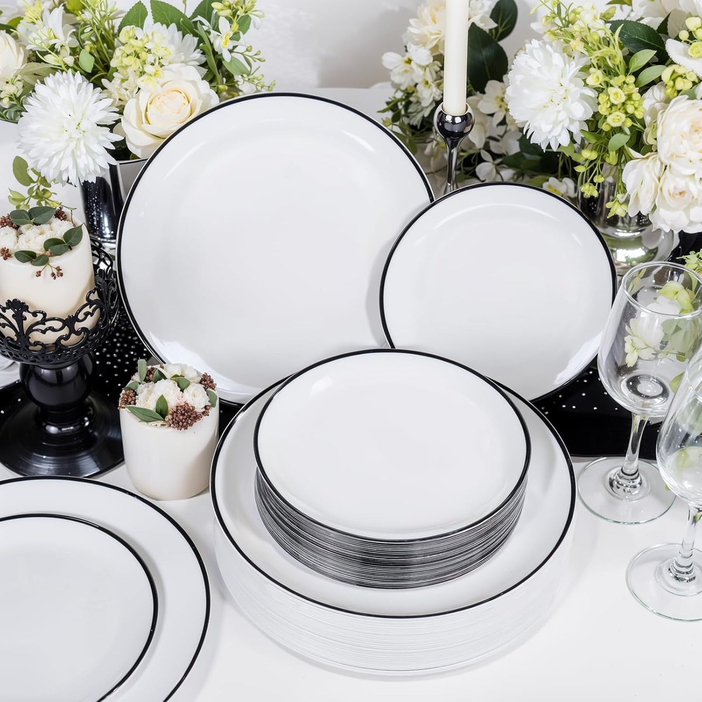 LIYH 60 Pcs White Plastic Plates Disposable for Party Halloween Plates Black and White Plastic Disposable Heavy Duty Party Wedding Plate Including 30 Dinner 10.25” & 30 Dessert Plate 7.5"