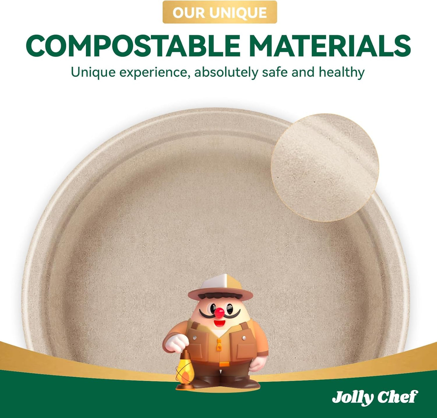 JOLLY CHEF Compostable Heavy Duty Plates 𝟭𝟬 𝗜𝗻𝗰𝗵 [𝟱𝟬𝟬 𝗣𝗮𝗰𝗸] Eco-Friendly Disposable Paper Plates Made of Bagasse Biodegradable Bulk for Party Dinner Sugarcane Thanksgiving Day (Natural)