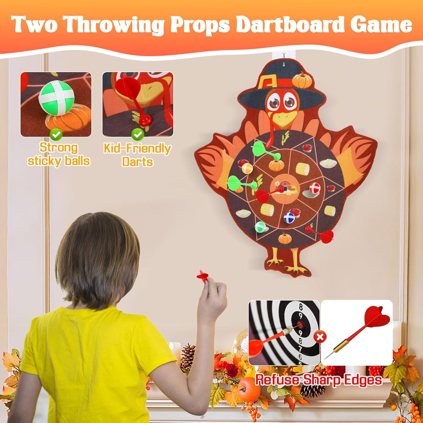 Thanksgiving Games Turkey Dart Board for Family, Teen Adults with 12 Sticky Balls and 8 Darts, Thanksgiving Activities Games Toys Party Favors Gifts