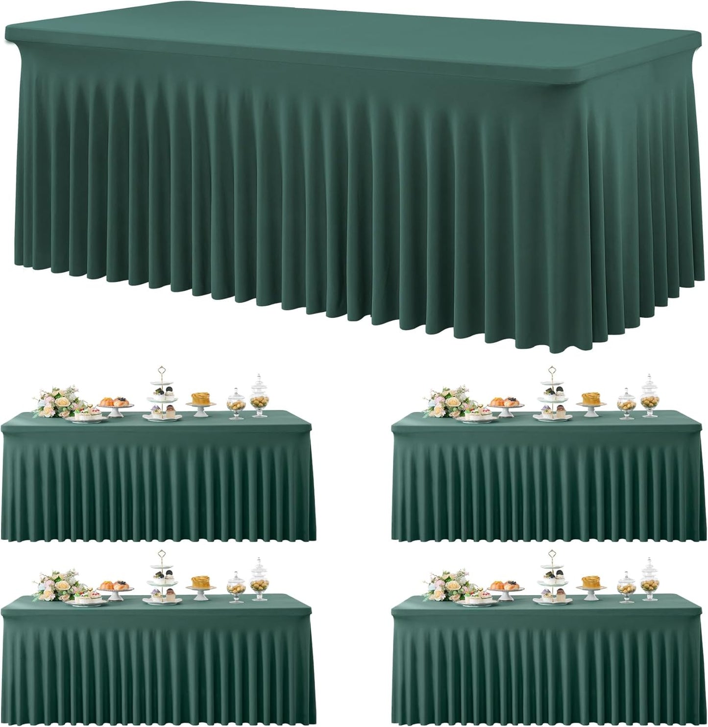 4 Pack Hunter Green Spandex Tablecloths for 6 Foot Rectangle Tables, Wrinkle Free Fitted Tablecover 6ft Stretchy Table Clothes with Skirt for Weddings Birthday Party Banquet Baby Shower