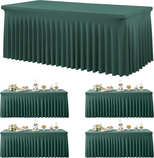 4 Pack Hunter Green Spandex Tablecloths for 6 Foot Rectangle Tables, Wrinkle Free Fitted Tablecover 6ft Stretchy Table Clothes with Skirt for Weddings Birthday Party Banquet Baby Shower