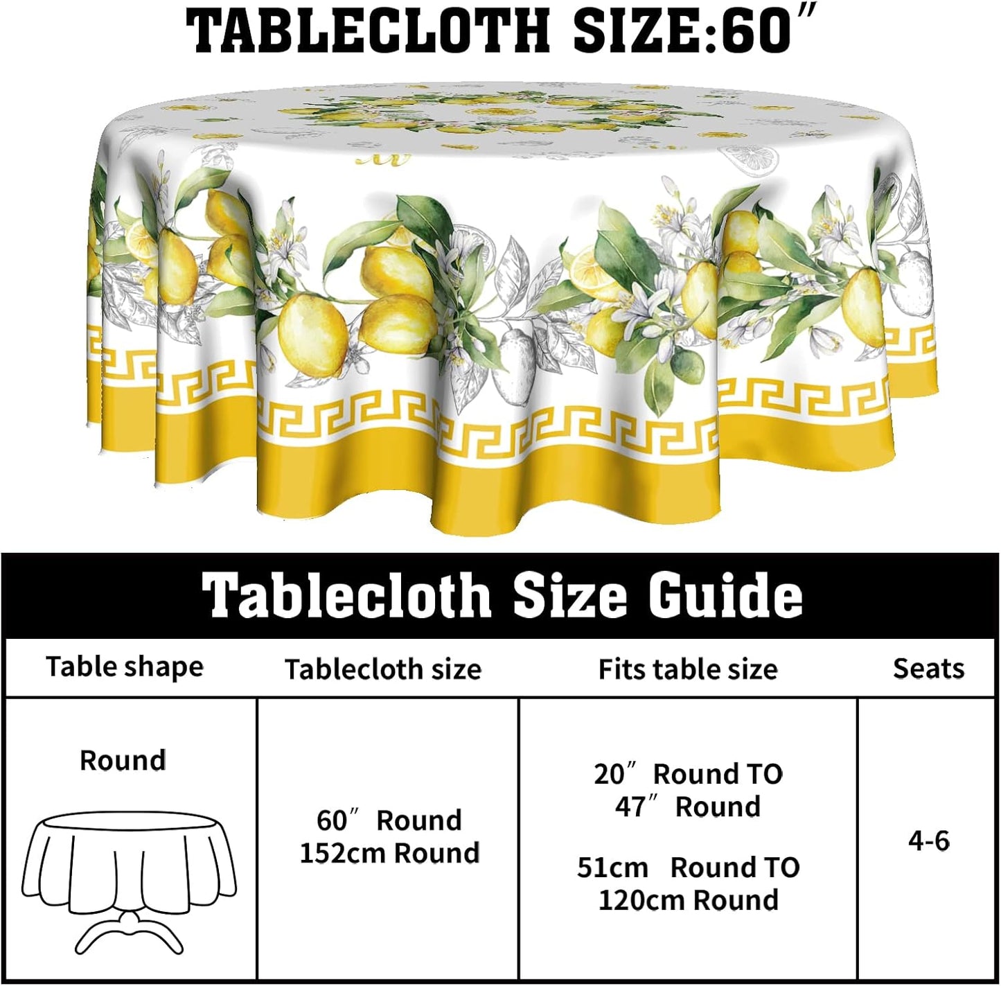 Giwawa Lemon Round Tablecloth 60 inch, Yellow Citrus Fruit Summer Flower Table Cover, Vintage Style Wrinkle Free Circular Table Cloth for Kitchen Dining Party Holiday Decor