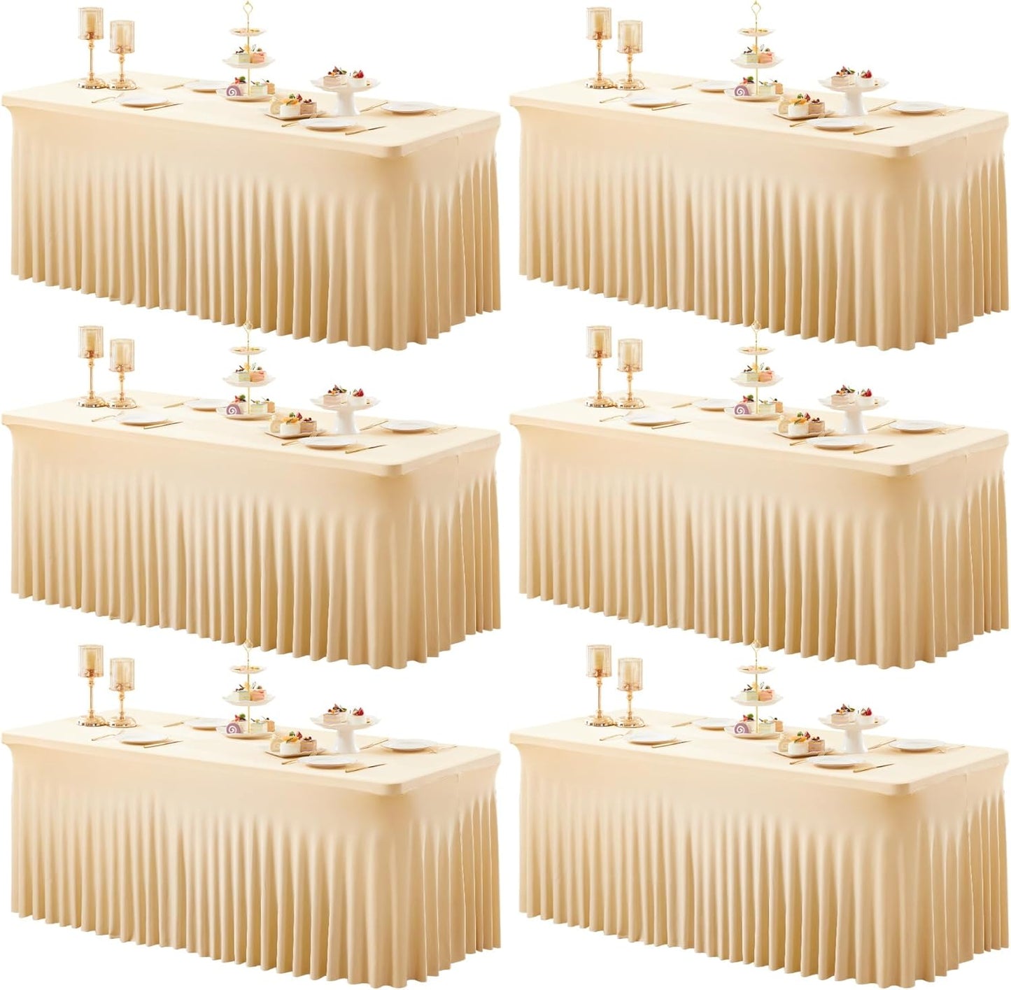 6 Packs Dark Champagne Table Clothes for 8 Foot Rectangle Tables, One-Piece Wrinkle Resistant Stretch Spandex Table Covers with Skirt for Event Banquet Wedding Birthday Party