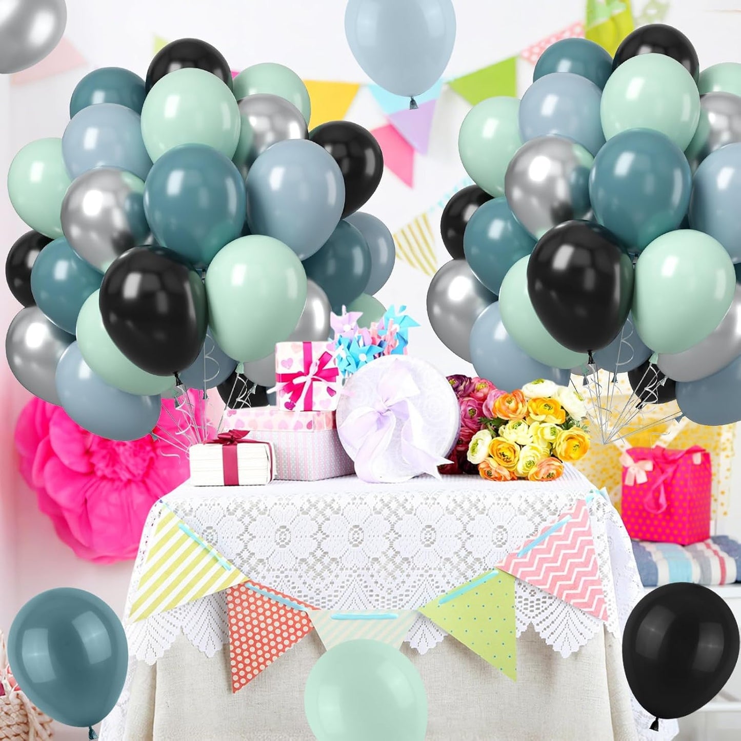 Dusty Blue and Black Balloons, 50pcs 12Inch Race Car Slate Light Pale Blue Pastel Green Black Metallic Silver Latex Helium Balloon for Boys Birthday Baby Shower Party Decorations