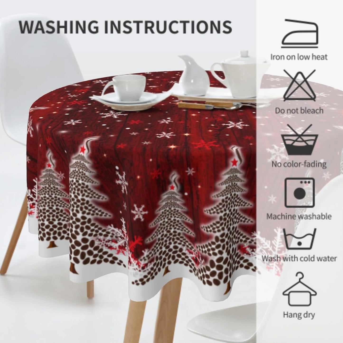Giwawa Christmas Round Tablecloth for Kitchen Dining, 60Inch Red White Xmas Trees Wood Board Table Cloth, Winter Snowflakes Fabric Non-Slip Table Cover for Holiday New Year Picnic Decor
