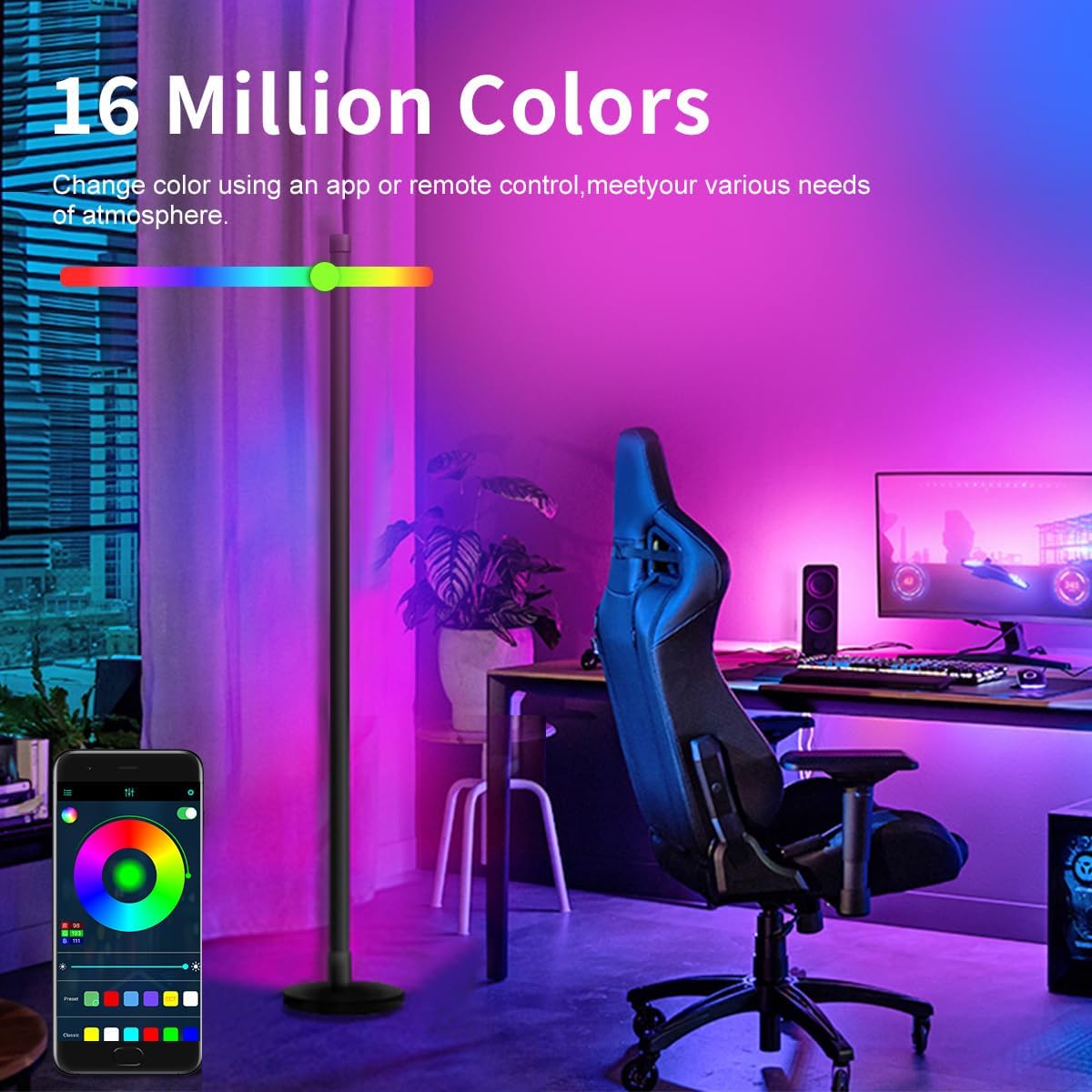 LED Floor Lamp, 63-Inch RGB Corner Light with Music Sync, Smart App Control, 16 Million Colors, Remote Control for Living Room, Bedroom, Gaming Room (1 Pack)