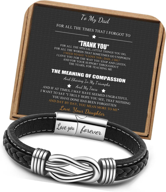 𝗞𝗻𝗼𝘁 𝗕𝗿𝗮𝗰𝗲𝗹𝗲𝘁 𝗚𝗶𝗳𝘁𝘀 𝗳𝗼𝗿 𝗠𝗲𝗻 Brown Braided Leather Stainless Steel Infinity Bracelets Lettering Love You Forever Gifts for Son Grandson Husband Boyfriend Brother Always Linked Together