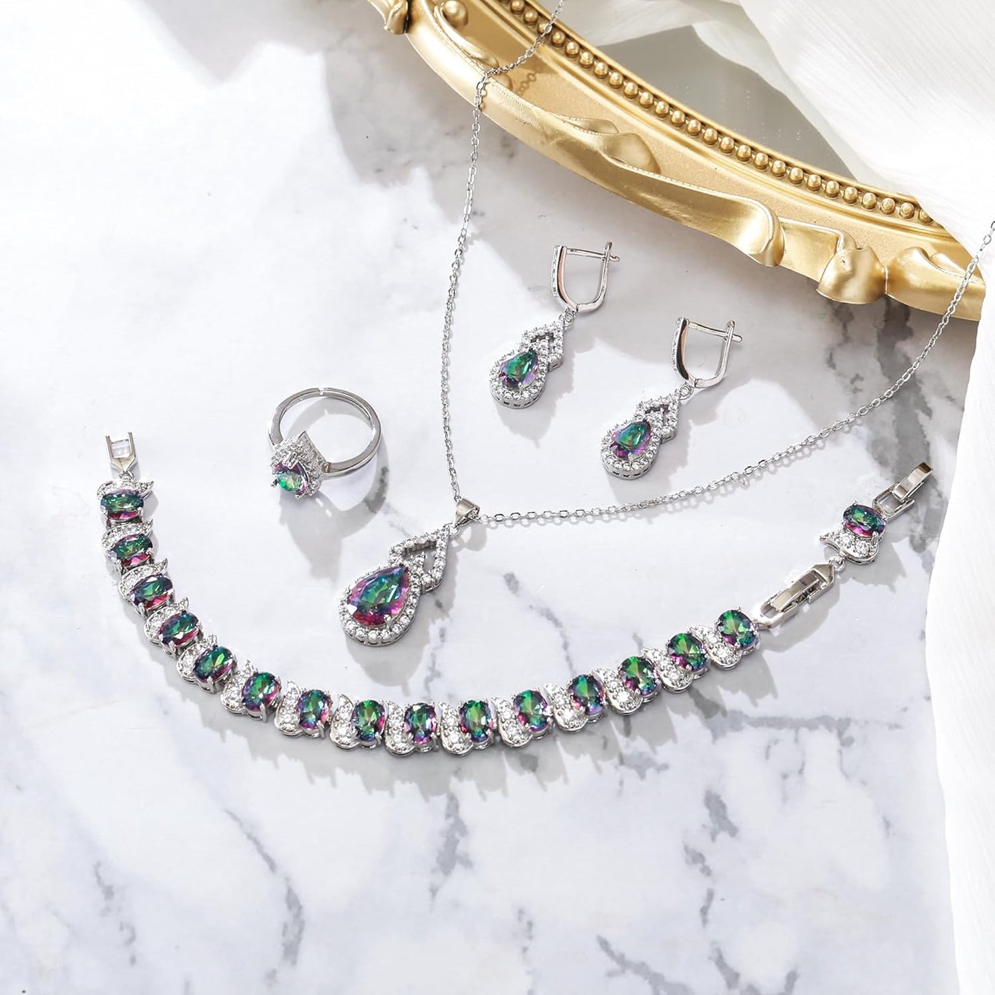 BriLove Wedding Jewelry Set for Women Bride Bridesmaid, Gorgeous Cubic Zirconia Teardrop Necklace Earrings Bracelet Adjustable Ring Jewelry Gift for Birthday/Anniversary/Mother’s Day