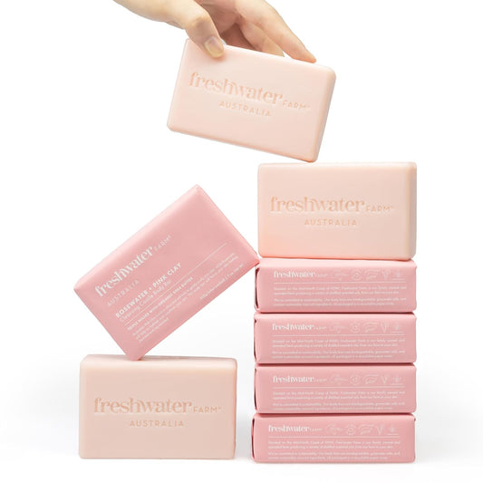 Freshwater Farm Australia Castile Natural Bar Soap | Rosewater + Pink Clay | Australian Made + Family Owned | Triple-Milled with Australian Pink Clay | Recyclable Paper Wrap | 200g x 8pk