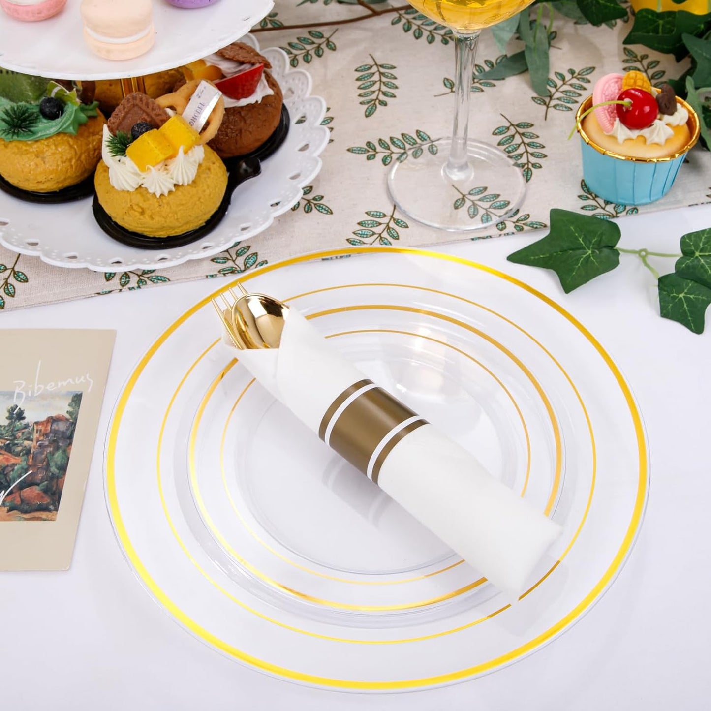 DaYammi 210PCS Clear Gold Plastic Dinnerware Set Thanksgiving Plates Disposable Fancy Platos for Party Include: 30 Dinner Plates, 30 Dessert Plates, 30 Pre Rolled Napkins with Gold Silverware, 30 Cups