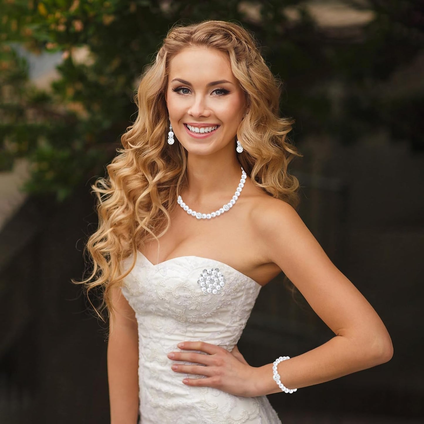 Pearl Jewelry Set for Women Faux Pearl Costume Jewelry Set with Necklace, Bracelets, Ring, Earrings for Wedding Bridal Birthday Tea Party