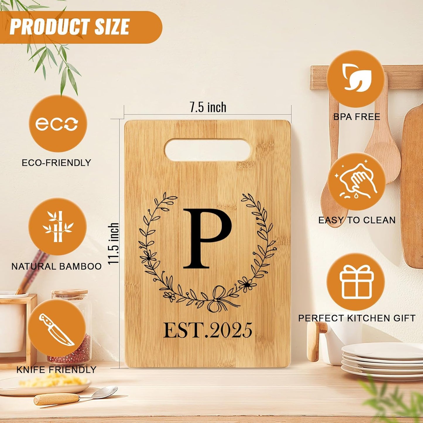 Personalized Cutting Board, Monogrammed Wedding Gift for Couple Newlywed 2025, Initial Birthday Gifts for Women, Gift for Bridal Shower Wedding Shower Engagement Anniversary Housewarming(Letter-P)