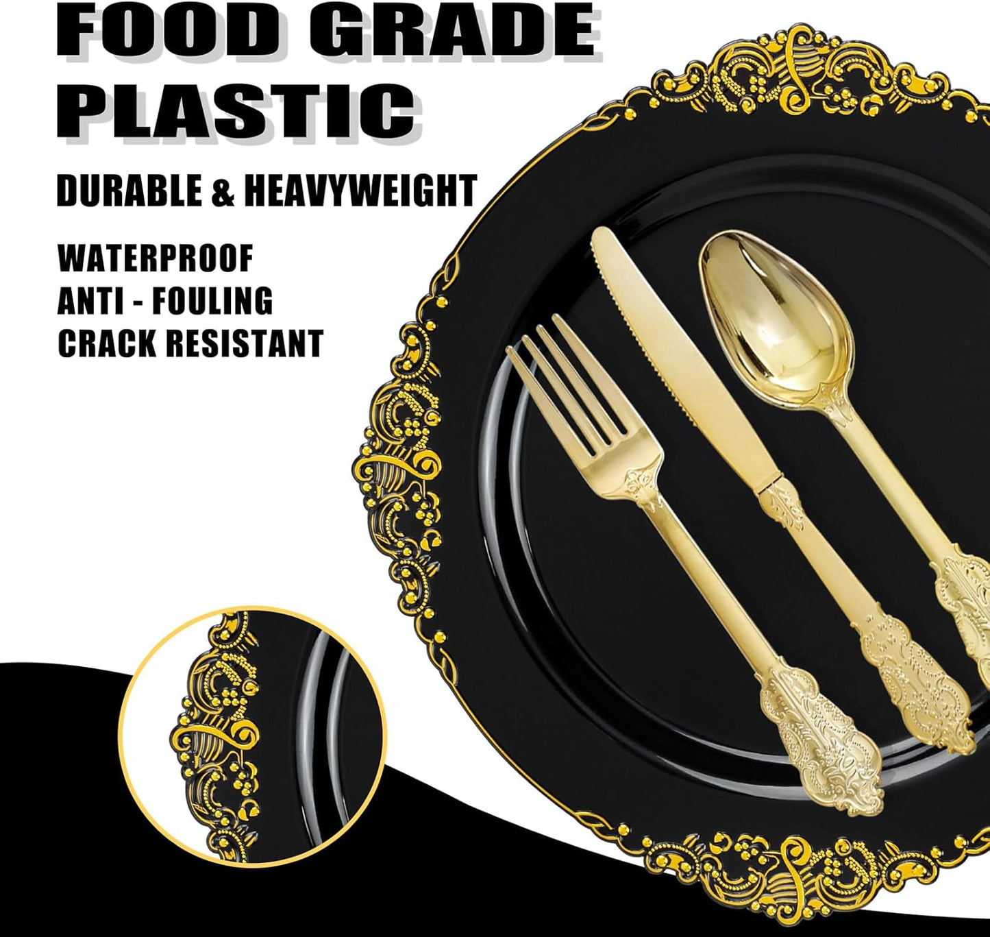 125PCS Black and Gold Plastic Plates - Black Disposable Dinnerware Set - Vintage Plastic Plates with Gold Silverware for 25 Guests for Wedding Party Halloween
