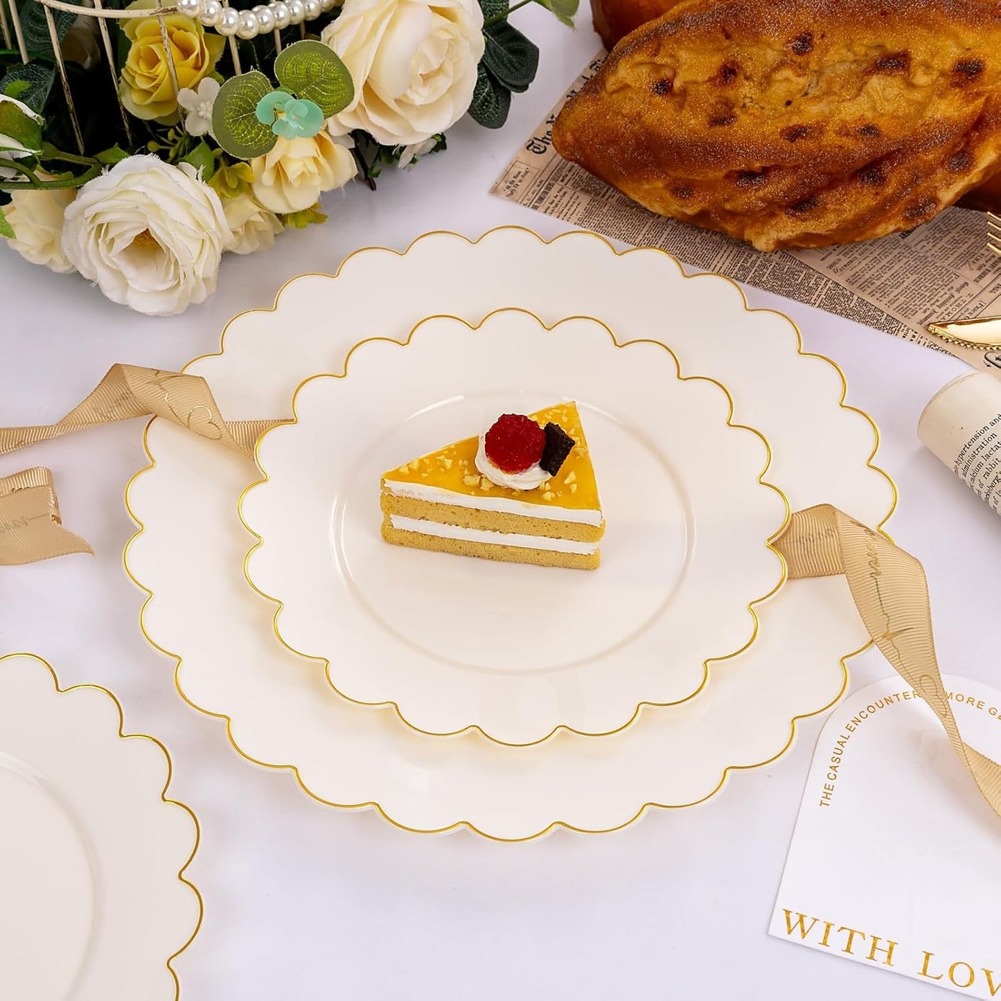 LIYH 60 Pcs Ivory and Gold Scalloped Plastic Plates - Disposable Fancy Combo Plates Includes 30 Dinner Plate 10.25" and 30 Dessert Plate 7.5" Plastic Heavy Weight Party Tableware Dishes