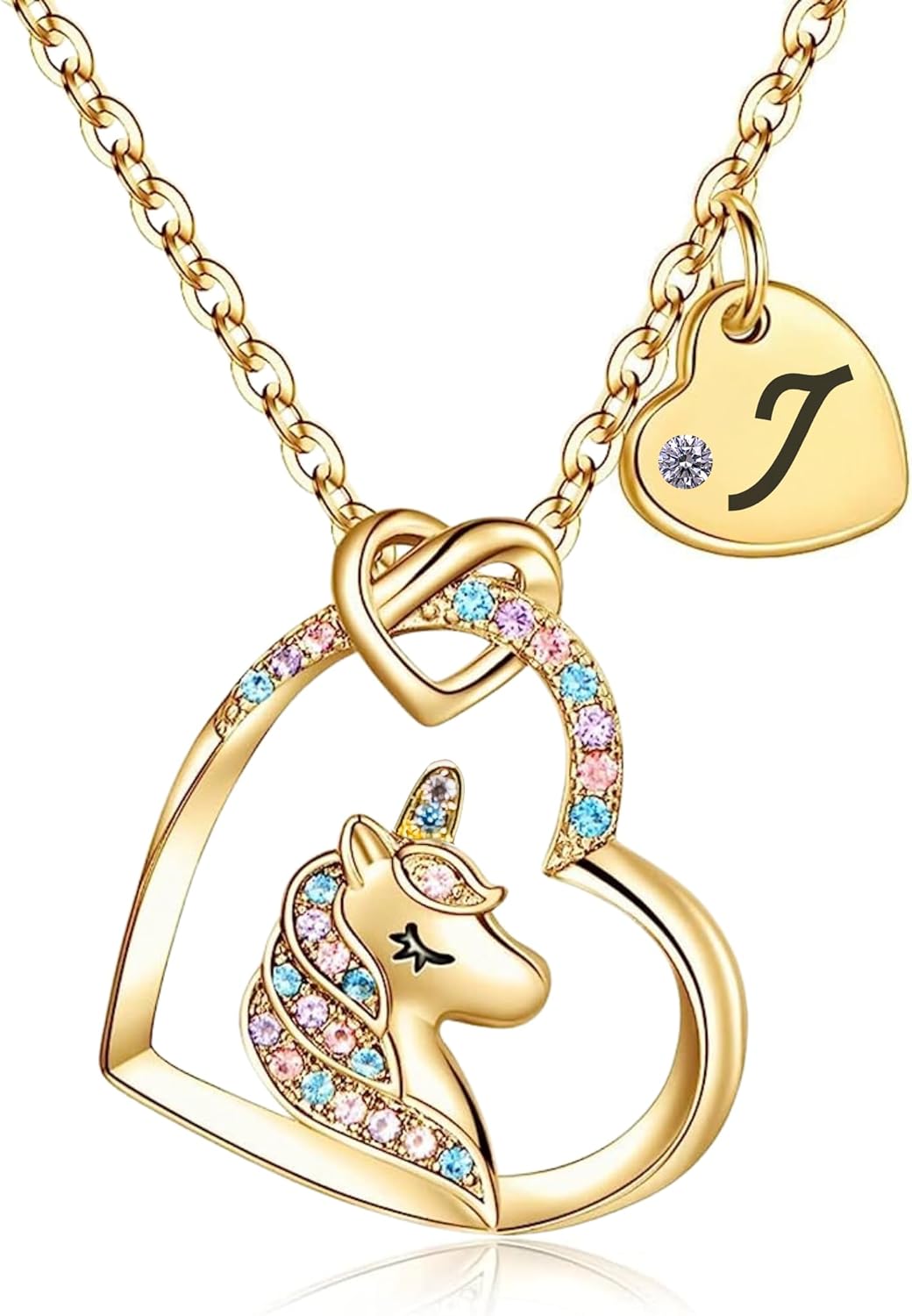 Unicorn Necklace for Girls Kids with Personalized Initial Heart Pendant, 18K Gold Fashion Jewelry for Girls, Colorful Heart Necklace for Birthday Gifts.