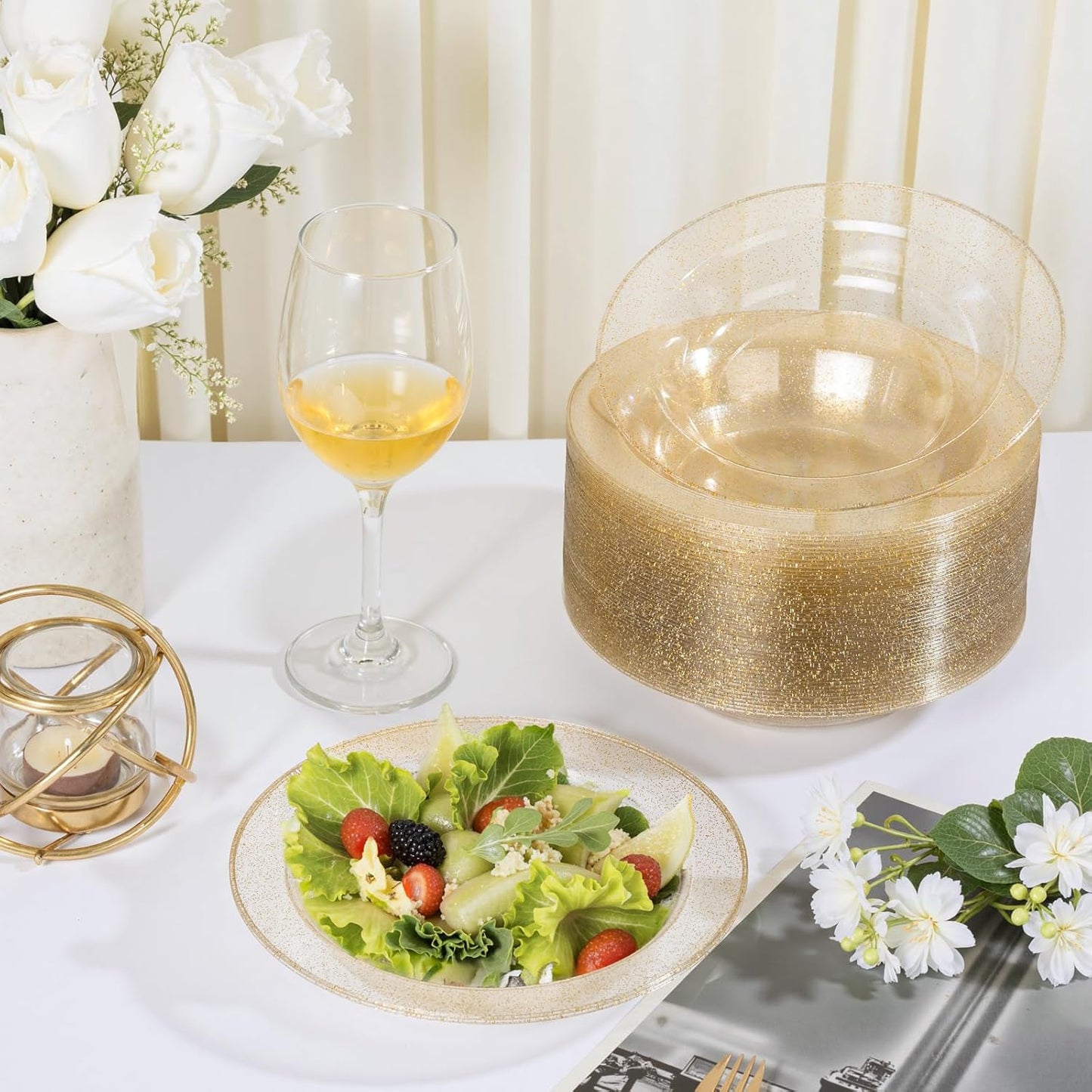 bUCLA 120 Pack Disposable Plastic Bowls - 12oz Clear Gold Glitter Party Bowls for Salads, Desserts, Soups - Premium Disposable for Parties & Thanksgiving