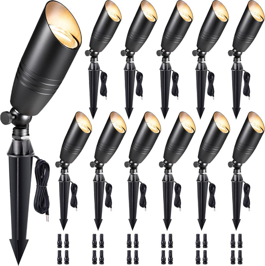 Gardenreet Die-Cast Brass Spot Light Outdoor - 12V LED Uplighting Waterproof, Low Voltage Landscape Lights Bright, Metal Direct Wire Black for Fence Fountain Without MR16 Bulbs (12 Pack)